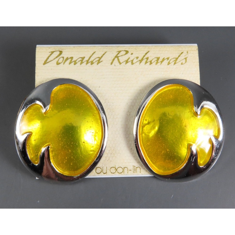 VTG NOS NEW Don-Lin Earrings OVAL DOMED Silver Tone TRANSLUCENT ENAMEL YELLOW